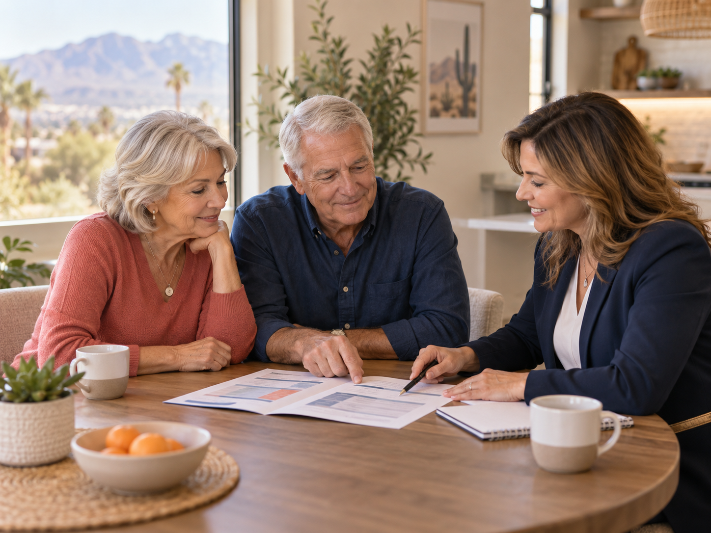 A Las Vegas couple discussing Medicare coverage choices with an insurance agent